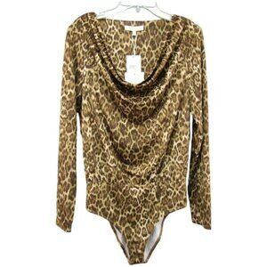 WAYF Solano Leopard Print Bodysuit Top Size S Cowl Neck Long Sleeve New Tags
